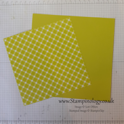 Image is of two pieces of square paper, one is a lime green and white plaid pattern the other is a piece of solid green lime card stock slightly larger.