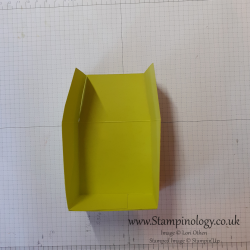 Image of a lime green box with one side open (not yet folded up to create the four walls).